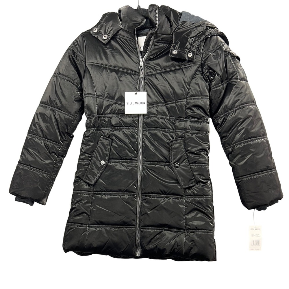 Steve Madden Puffer Parka Girls Size M 10/12 O3A1507 Black Hooded Jacket NWT